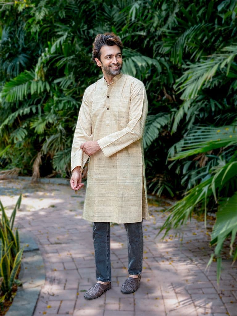 Handwoven Khadi Silk Cream Long Kurta