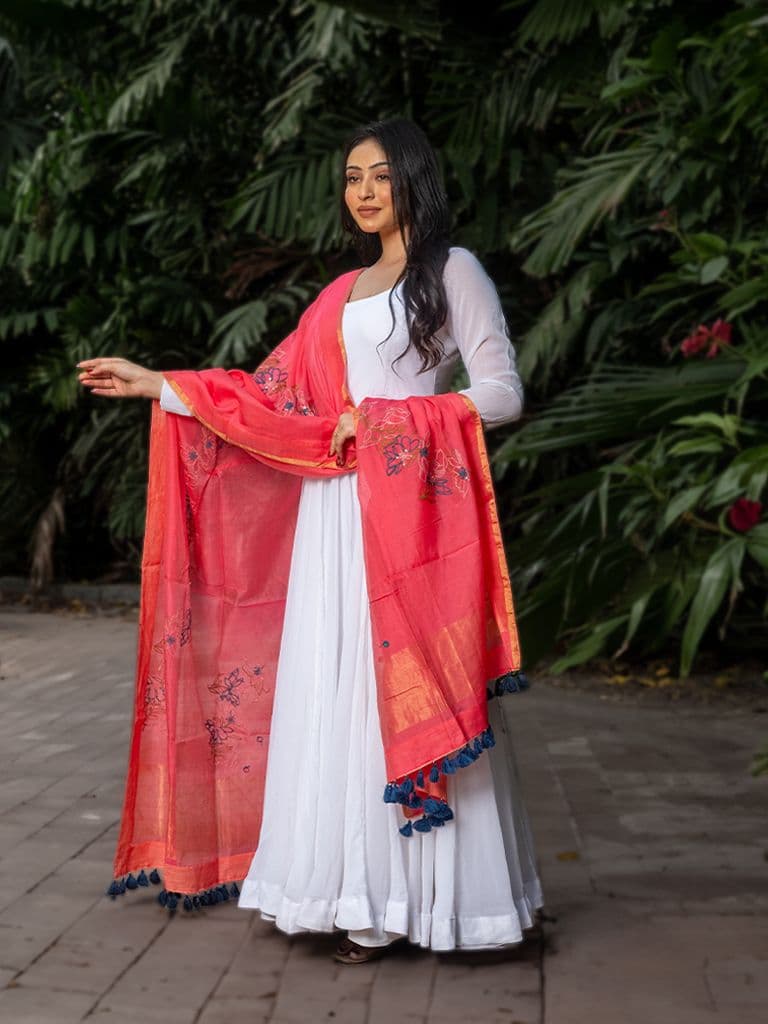 Peach-Pink Mirror Dupatta with Jaal Border