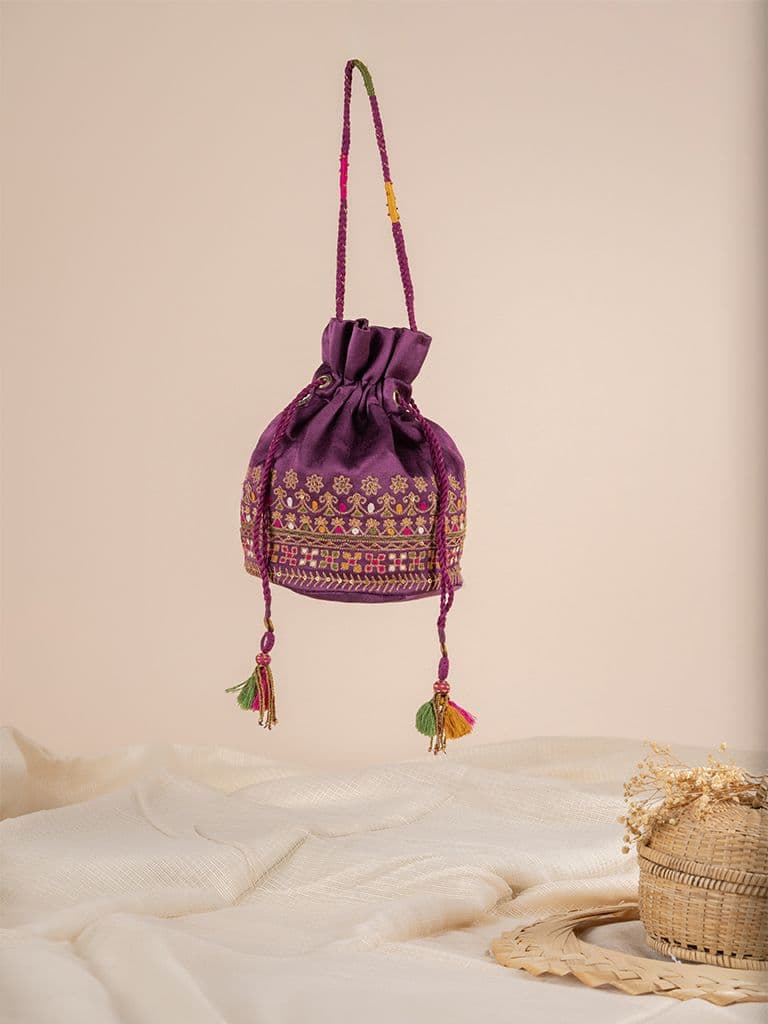 Purple Zari With Aari Round Potli 