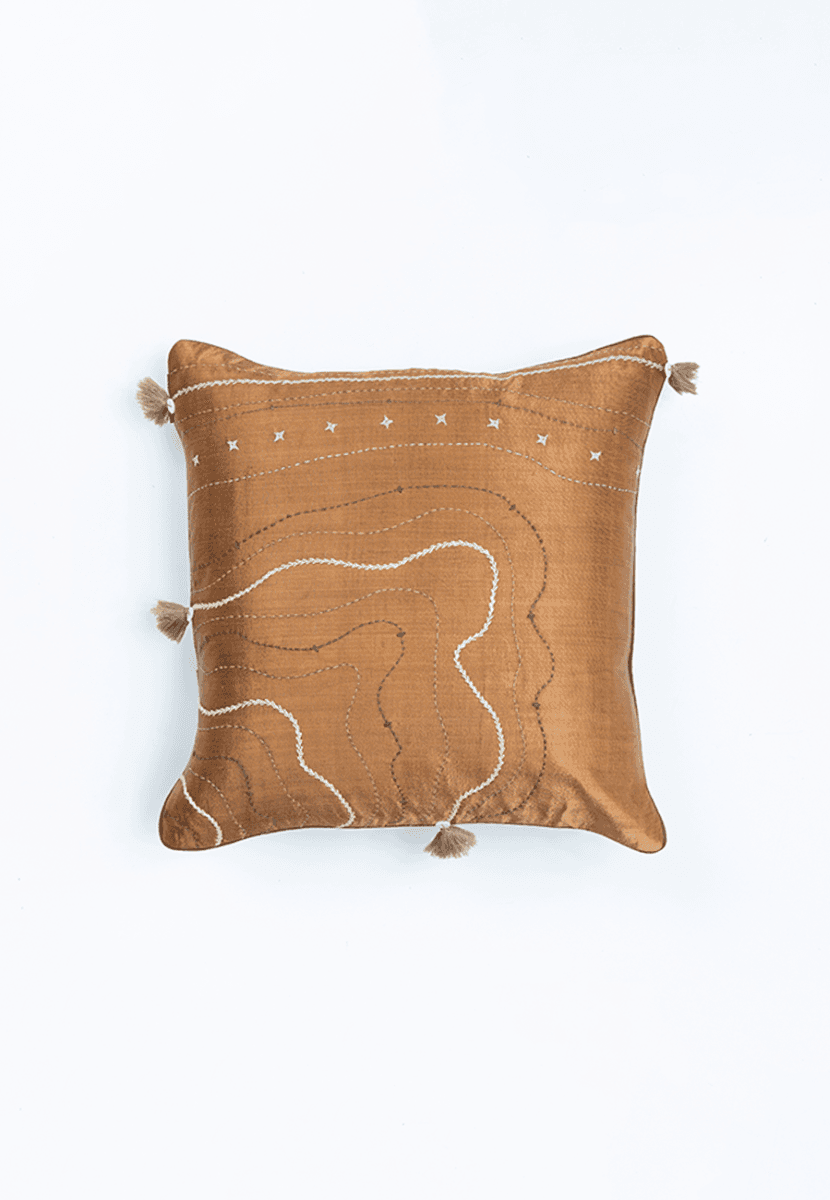 Brown Mashru Cushion Cover with Kantha Embroidery