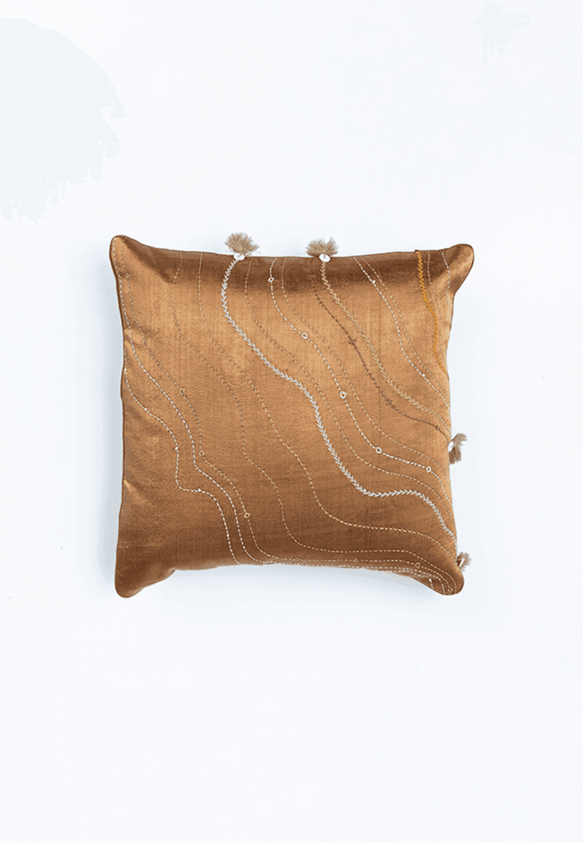 Brown Mashru Cushion Cover with Kantha Embroidery