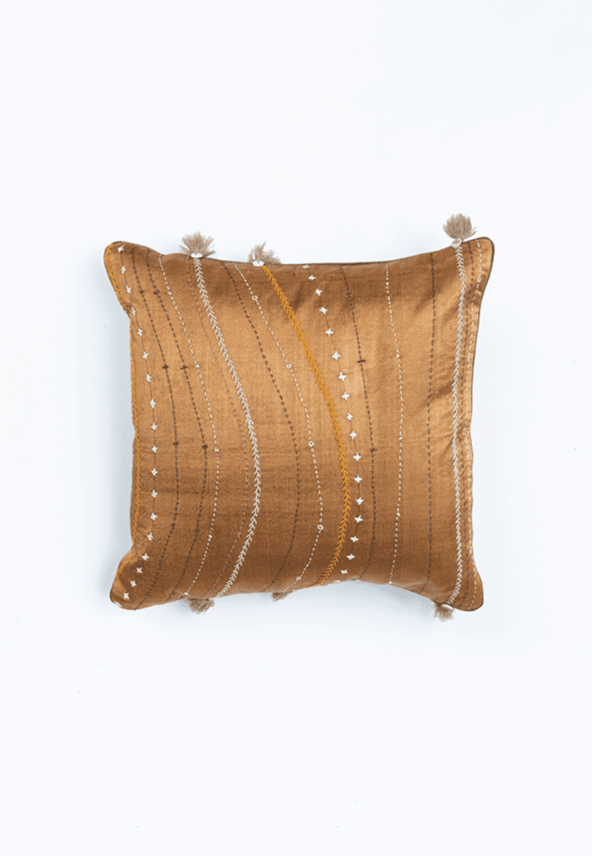 Brown Handwoven Mashru Cushion Cover with Kantha Embroidery