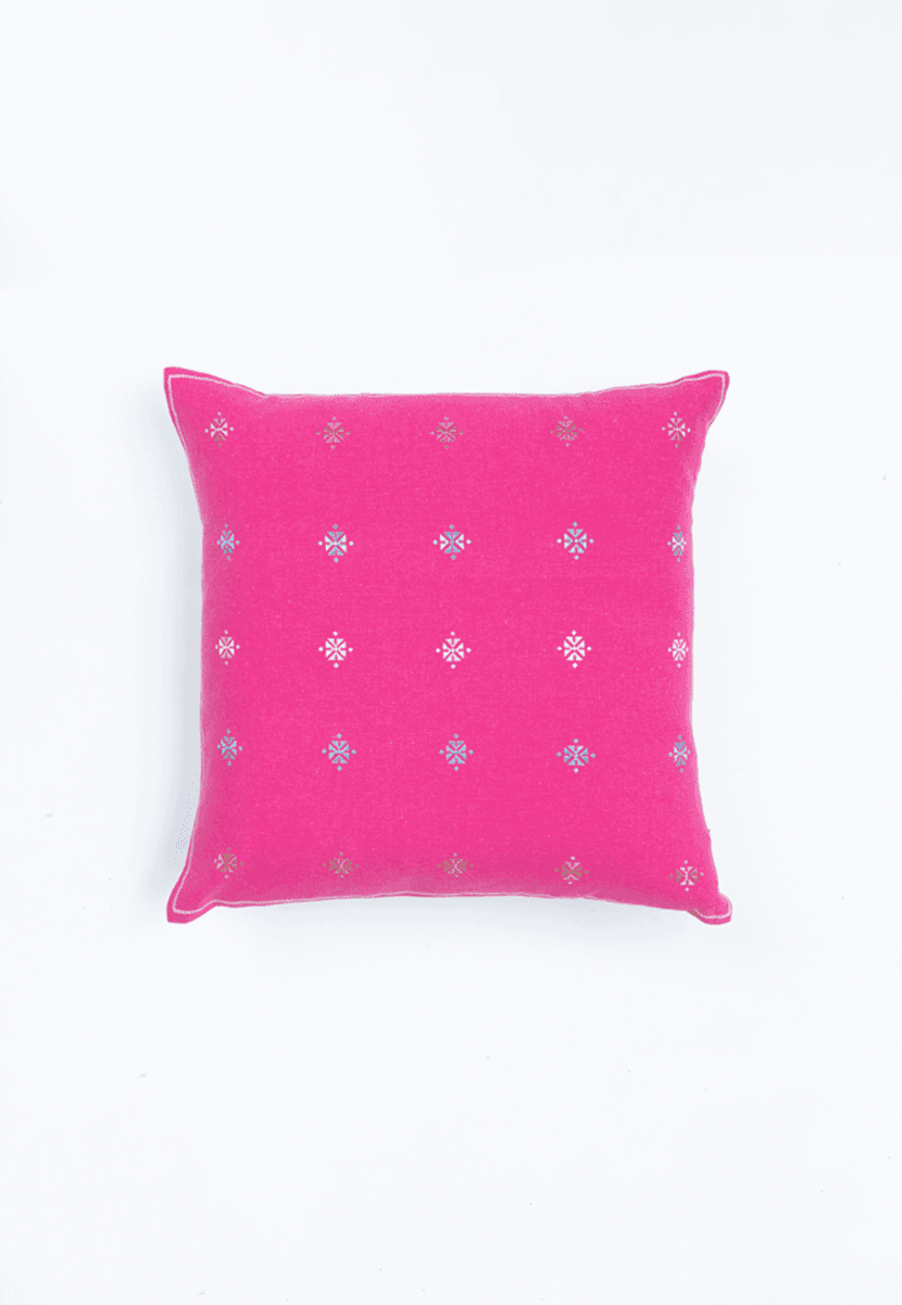 Pink Handwoven Cotton Cushion Cover with Soof Embroidery