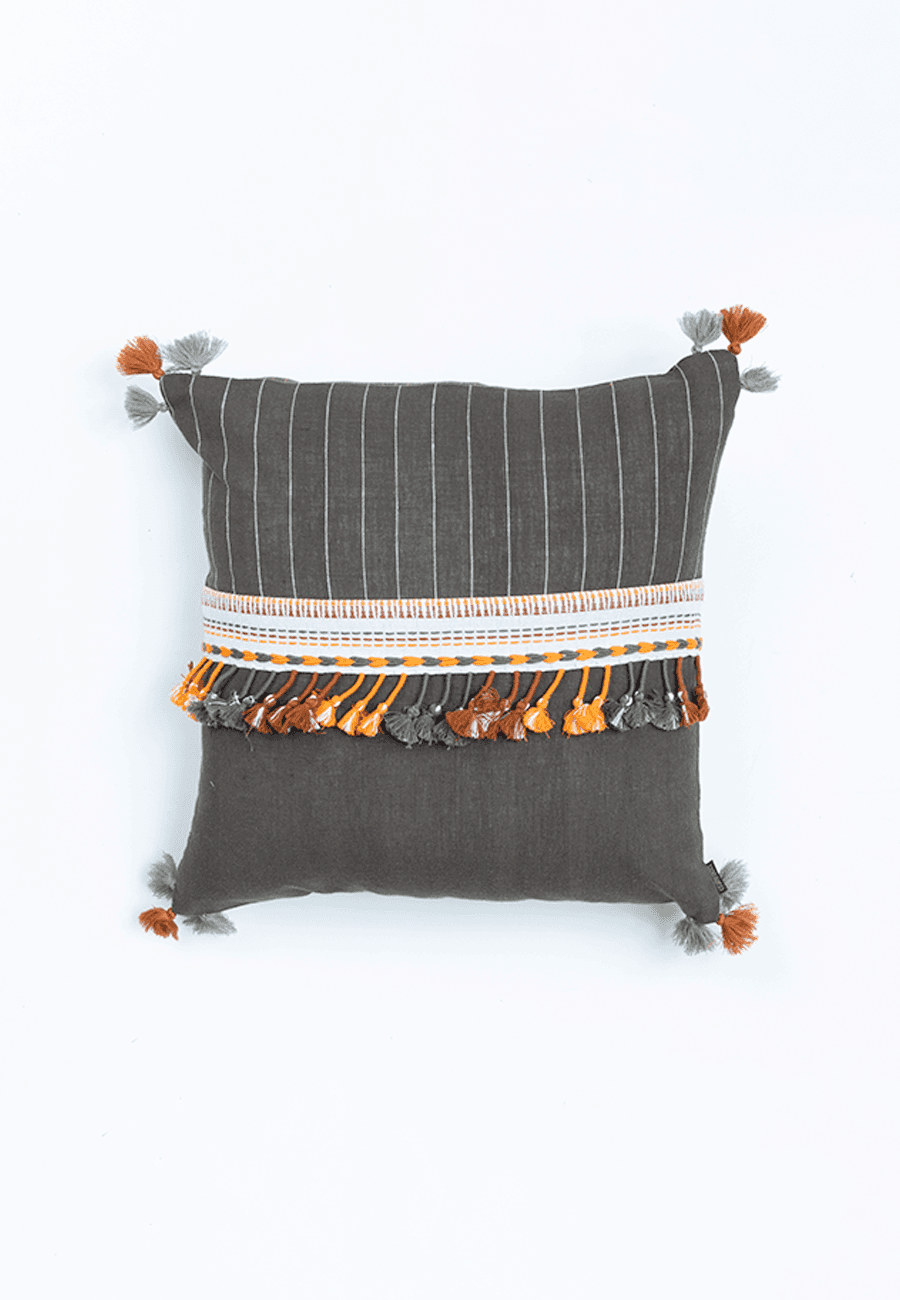 Gray Handwoven Cotton Cushion Cover with Bhujodi Weave