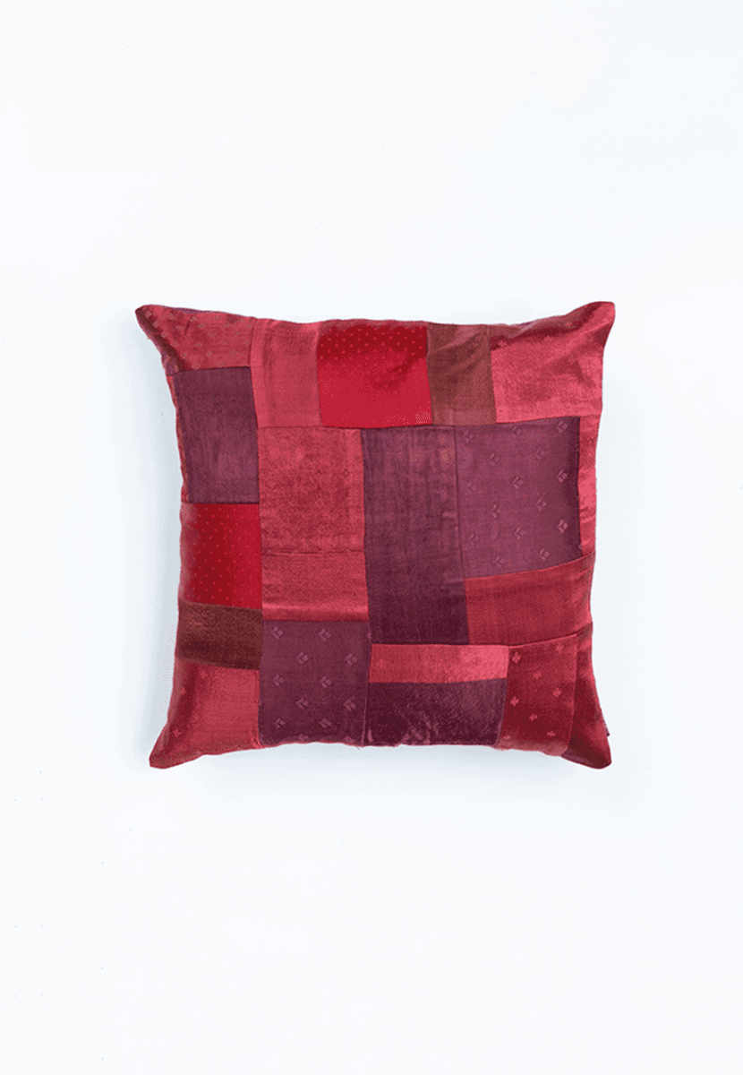 Multi Color Mashru Cushion Cover with Handwoven Patches
