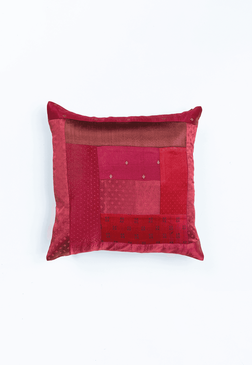 Multi Color Mashru Cushion Cover with Handwoven Patches