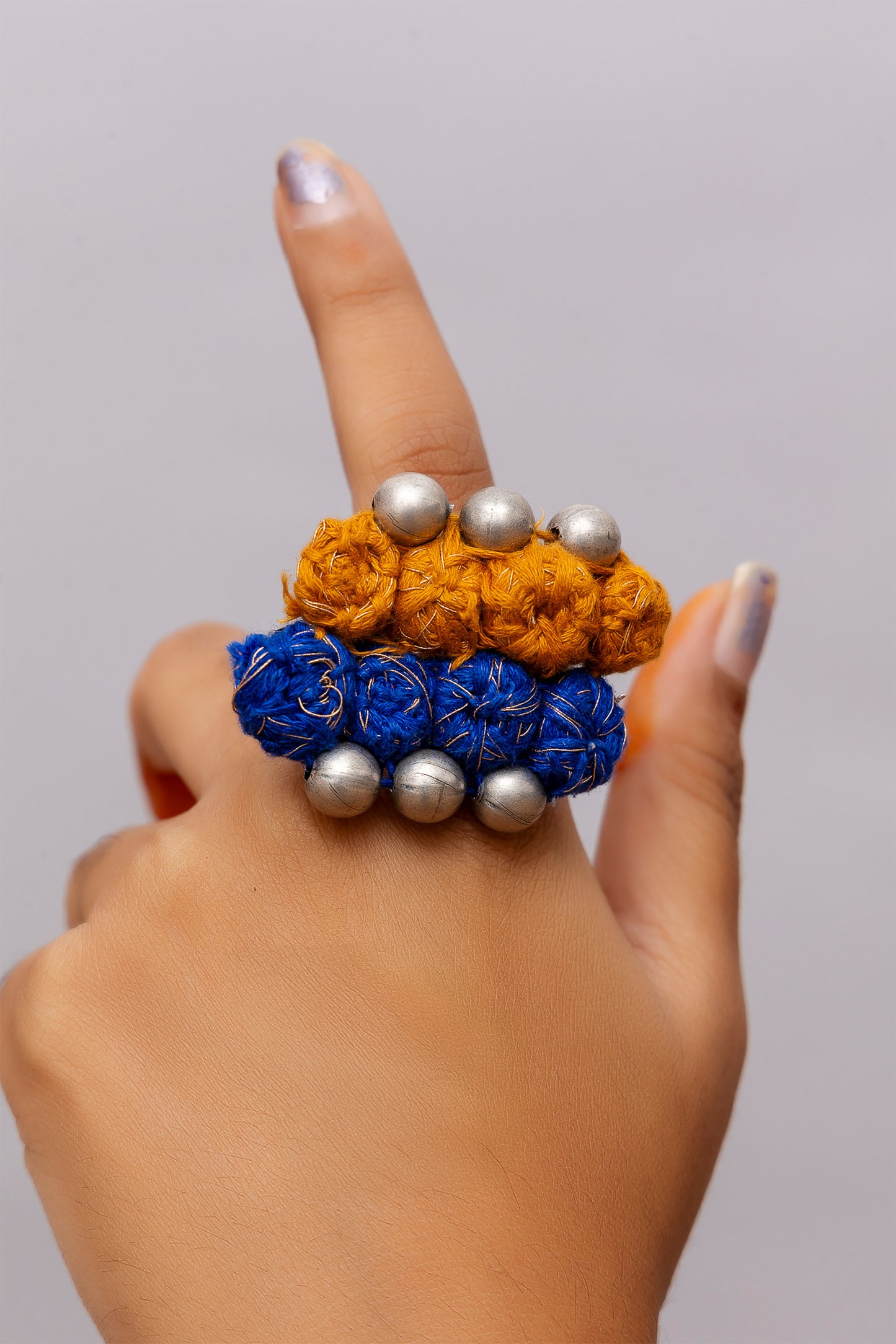 Blue and Yellow Thread Ball Ring