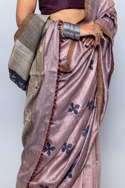 Handcrafted Lavender Tussar Silk Saree – Artisanal Appliqué Elegance