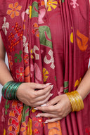Exclusive Deep Red Satin Silk Saree With Hand-Cut Appliqué & Tassels