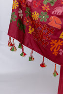Exclusive Deep Red Satin Silk Saree With Hand-Cut Appliqué & Tassels