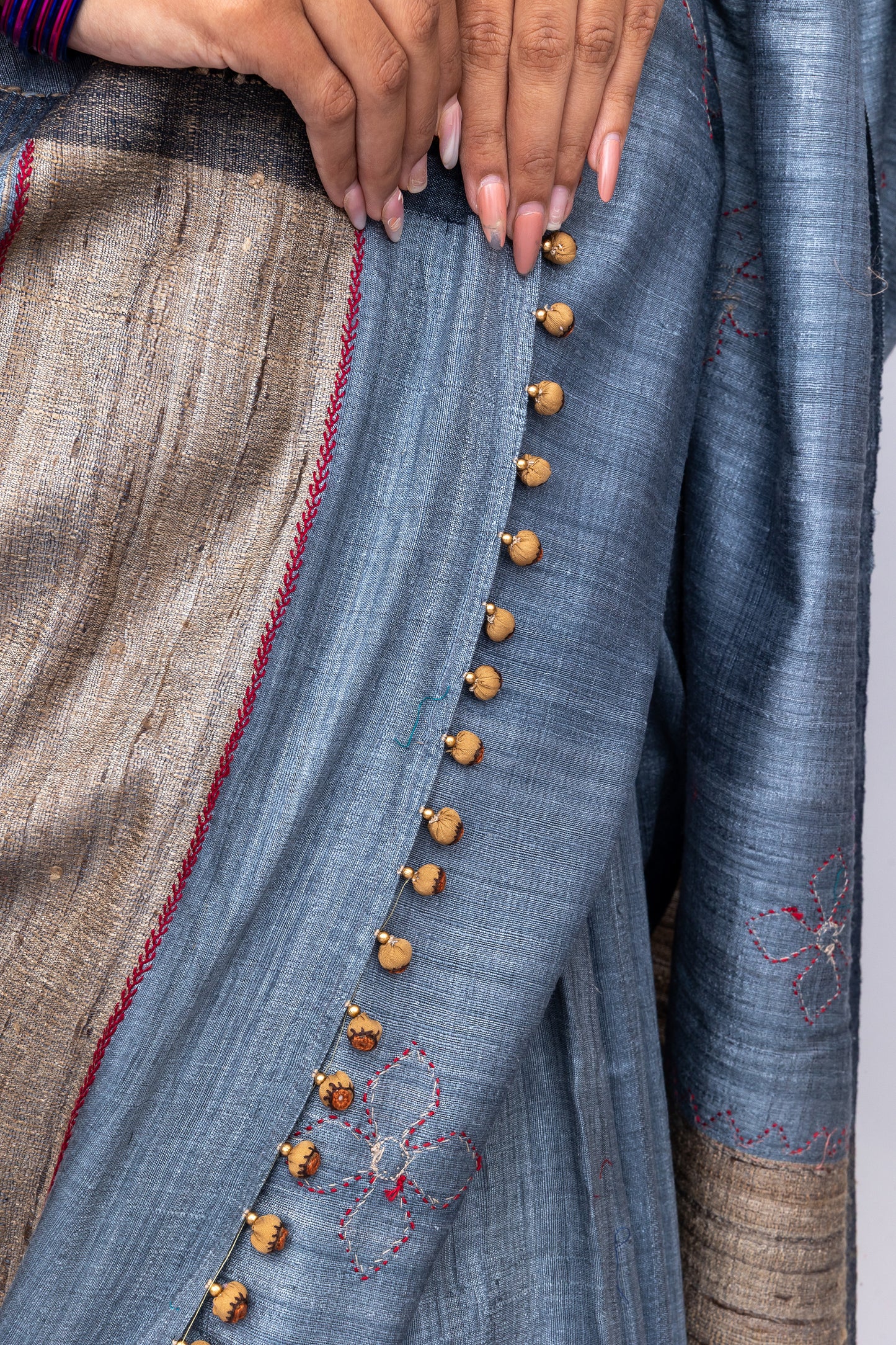Exclusive Dark Grey Tussar Silk Saree With Handcrafted Appliqué Motifs