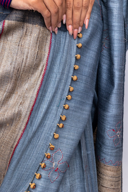 Exclusive Dark Grey Tussar Silk Saree With Handcrafted Appliqué Motifs