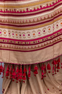 Luxury Satin Silk Saree in Beige With Red Hand Appliqué