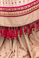 Luxury Satin Silk Saree in Beige With Red Hand Appliqué