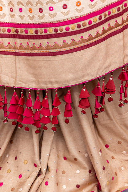 Luxury Satin Silk Saree in Beige With Red Hand Appliqué