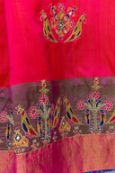Festive Green-Pink Mulberry Silk Saree With Aari Needlework