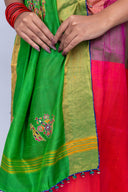 Festive Green-Pink Mulberry Silk Saree With Aari Needlework