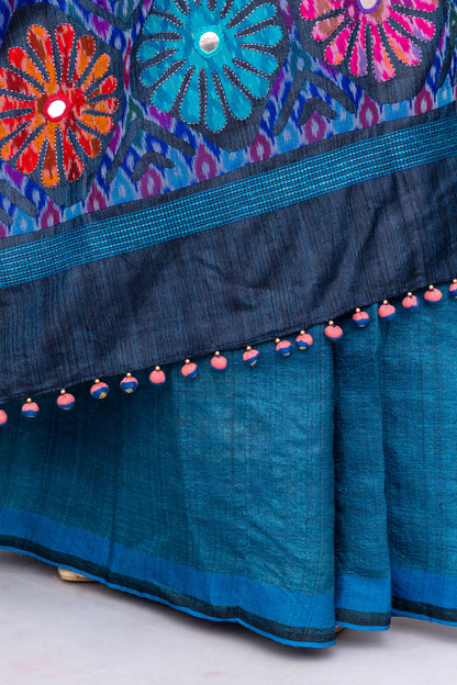 Handcrafted Blue Tussar Silk Saree – Artisanal Appliqué Elegance