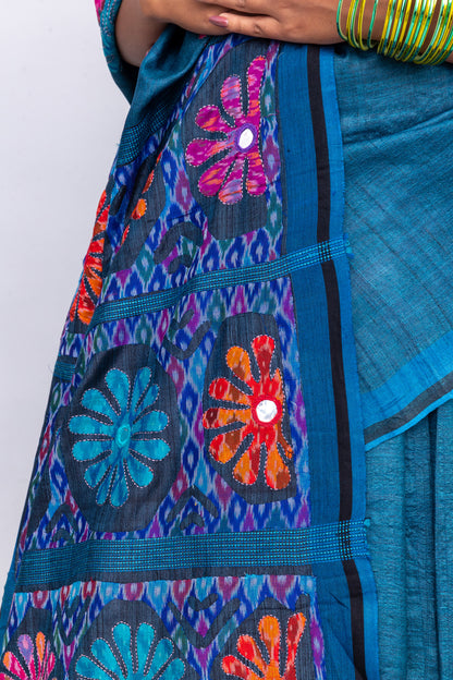 Handcrafted Blue Tussar Silk Saree – Artisanal Appliqué Elegance