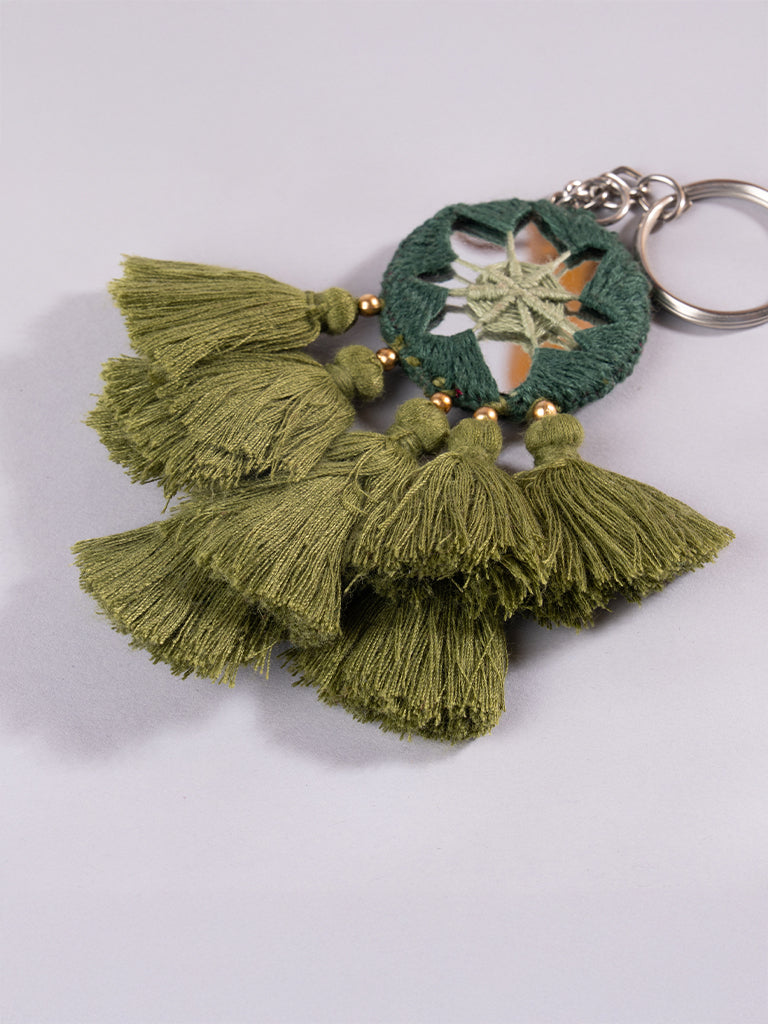 Round Green Mirror and Light Green Tassels Keychain