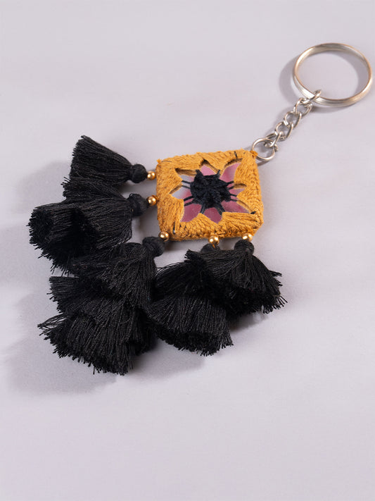 Square Musterd Mirror & Black Tassels Keychain