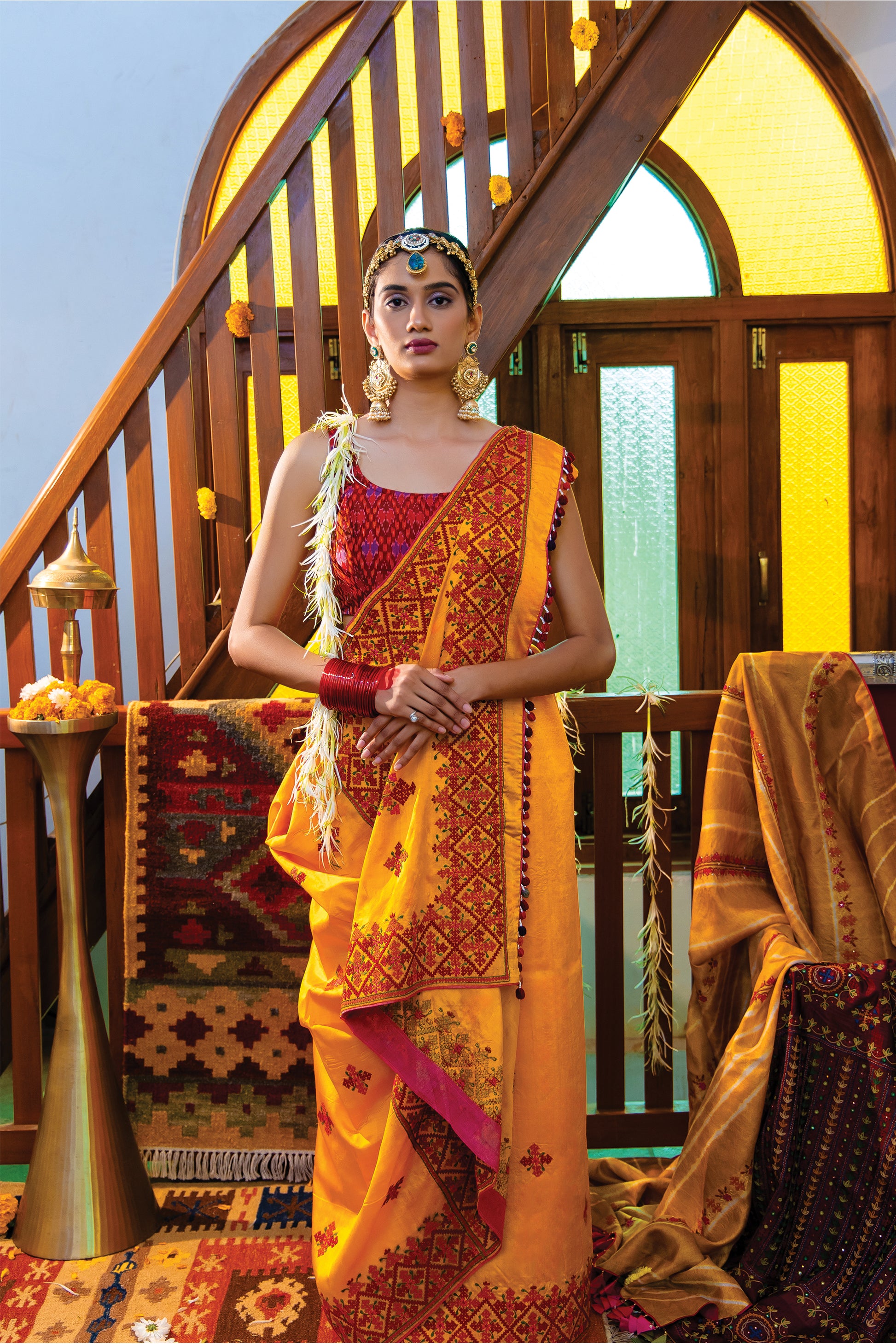 Yellow Satin Silk Saree with Rabari Work