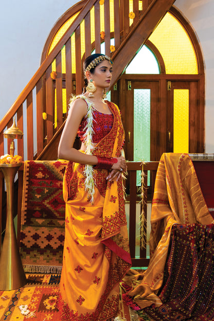 Yellow Satin Silk Saree with Rabari Work