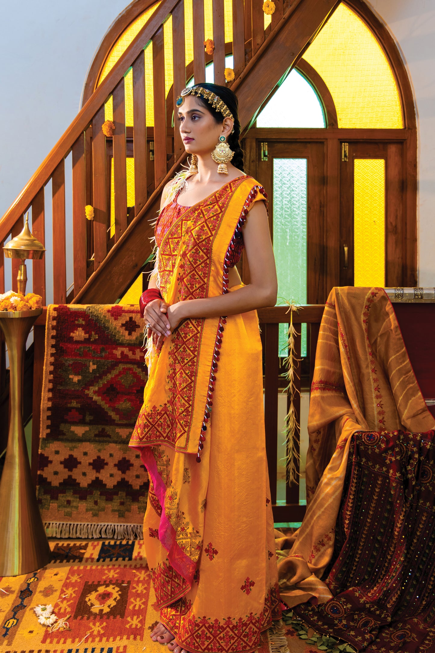 Yellow Satin Silk Saree with Rabari Work