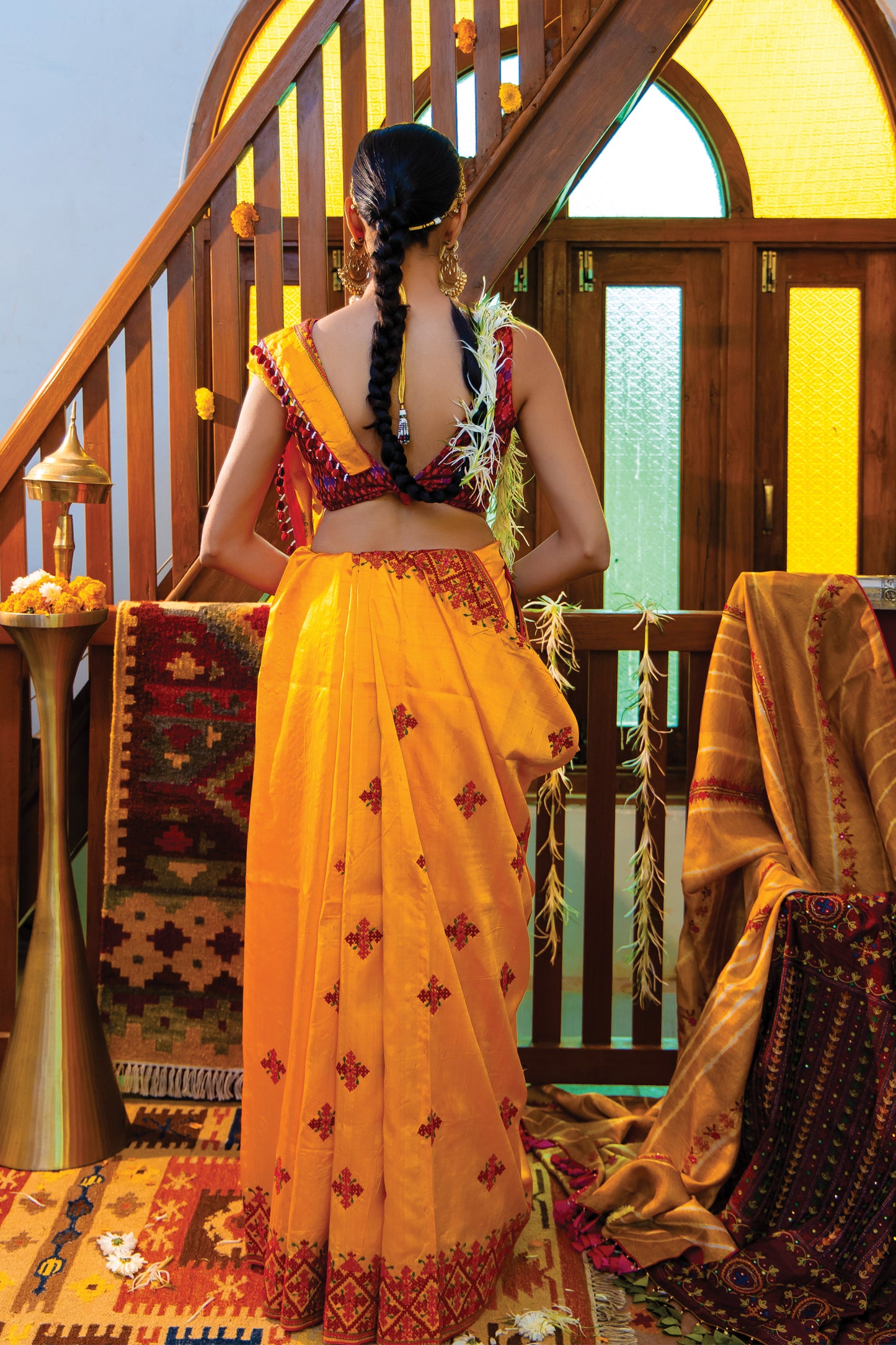Yellow Satin Silk Saree with Rabari Work