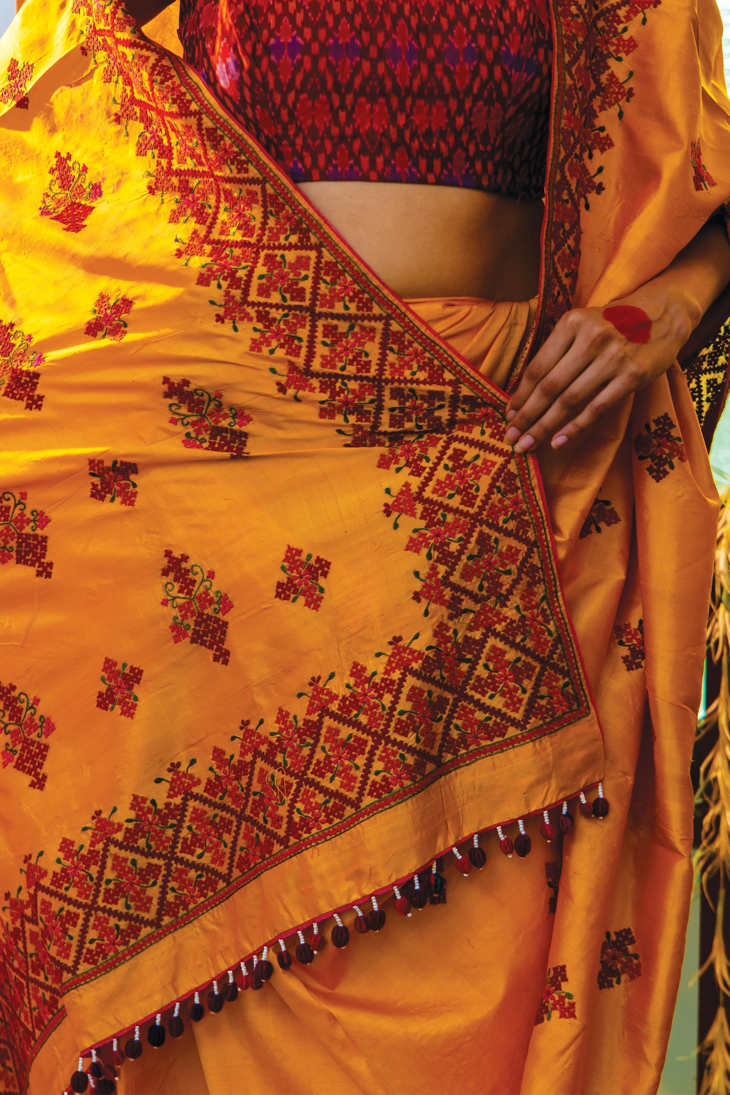 Yellow Satin Silk Saree with Rabari Work