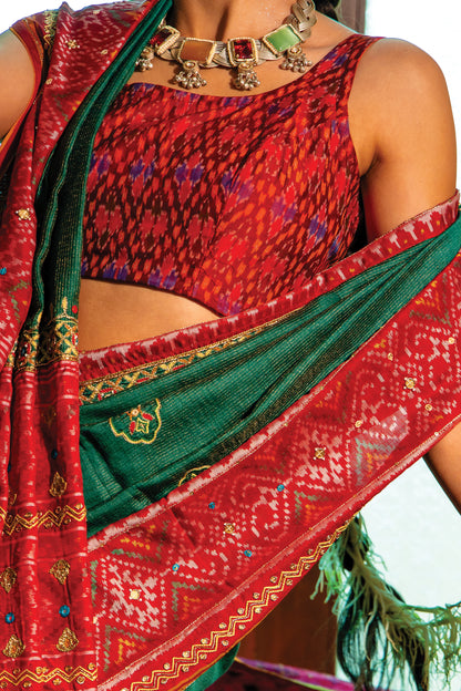 Patola Silk Saree With Cut Work and Tassels
