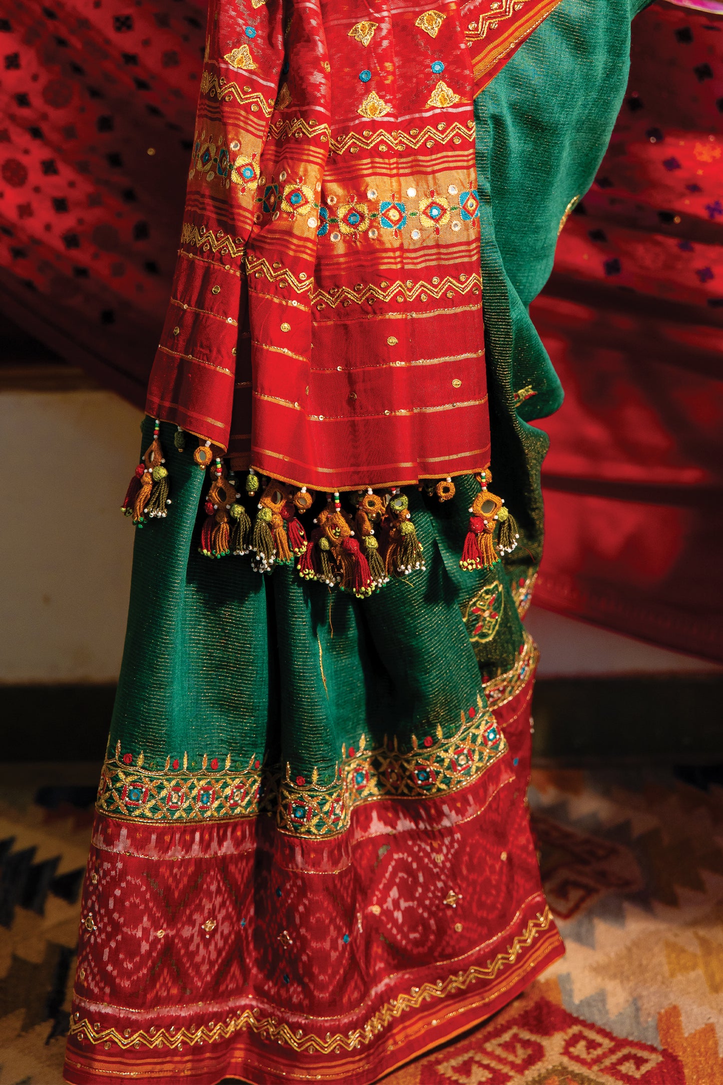 Patola Silk Saree With Cut Work and Tassels