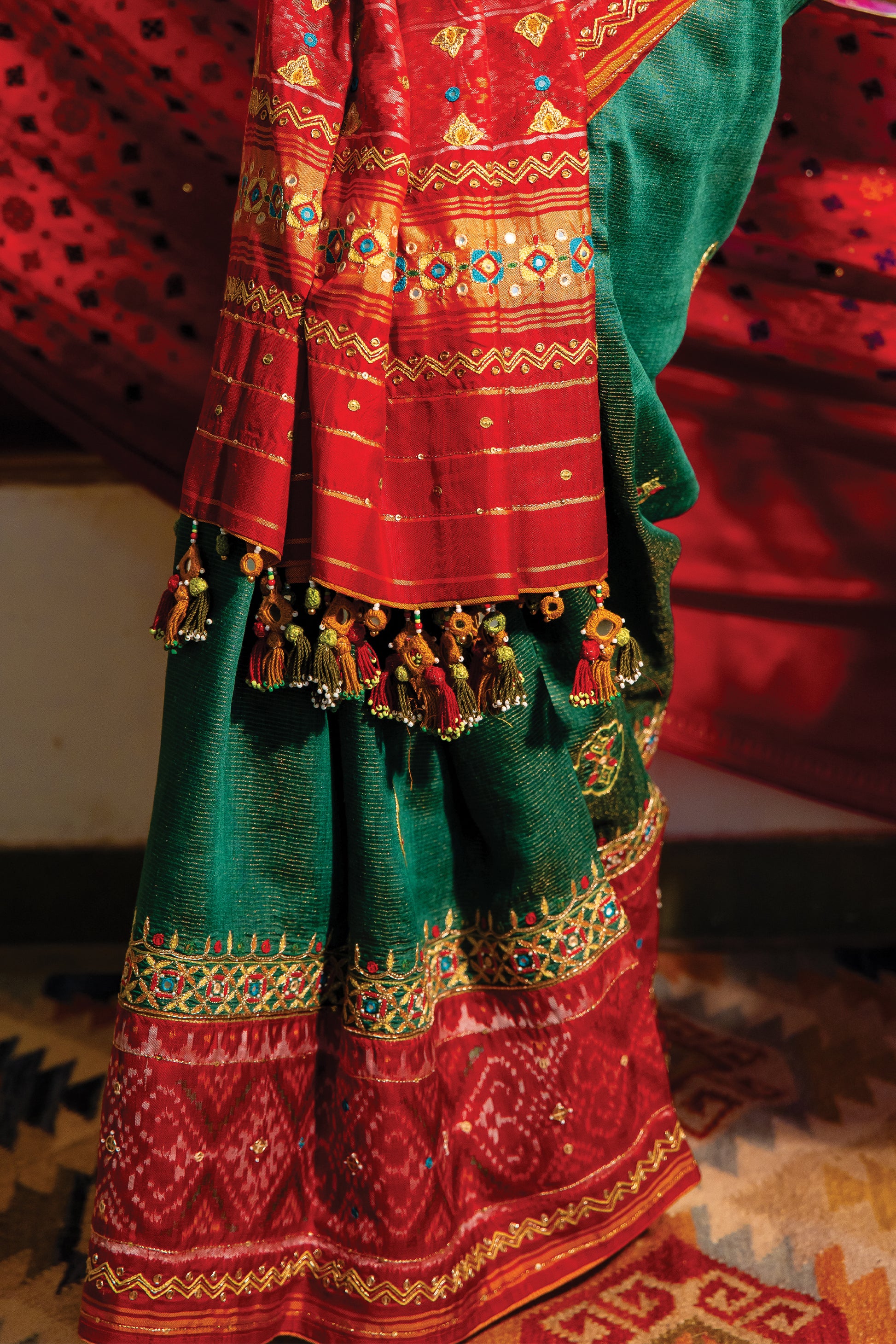 Patola Silk Saree With Cut Work and Tassels