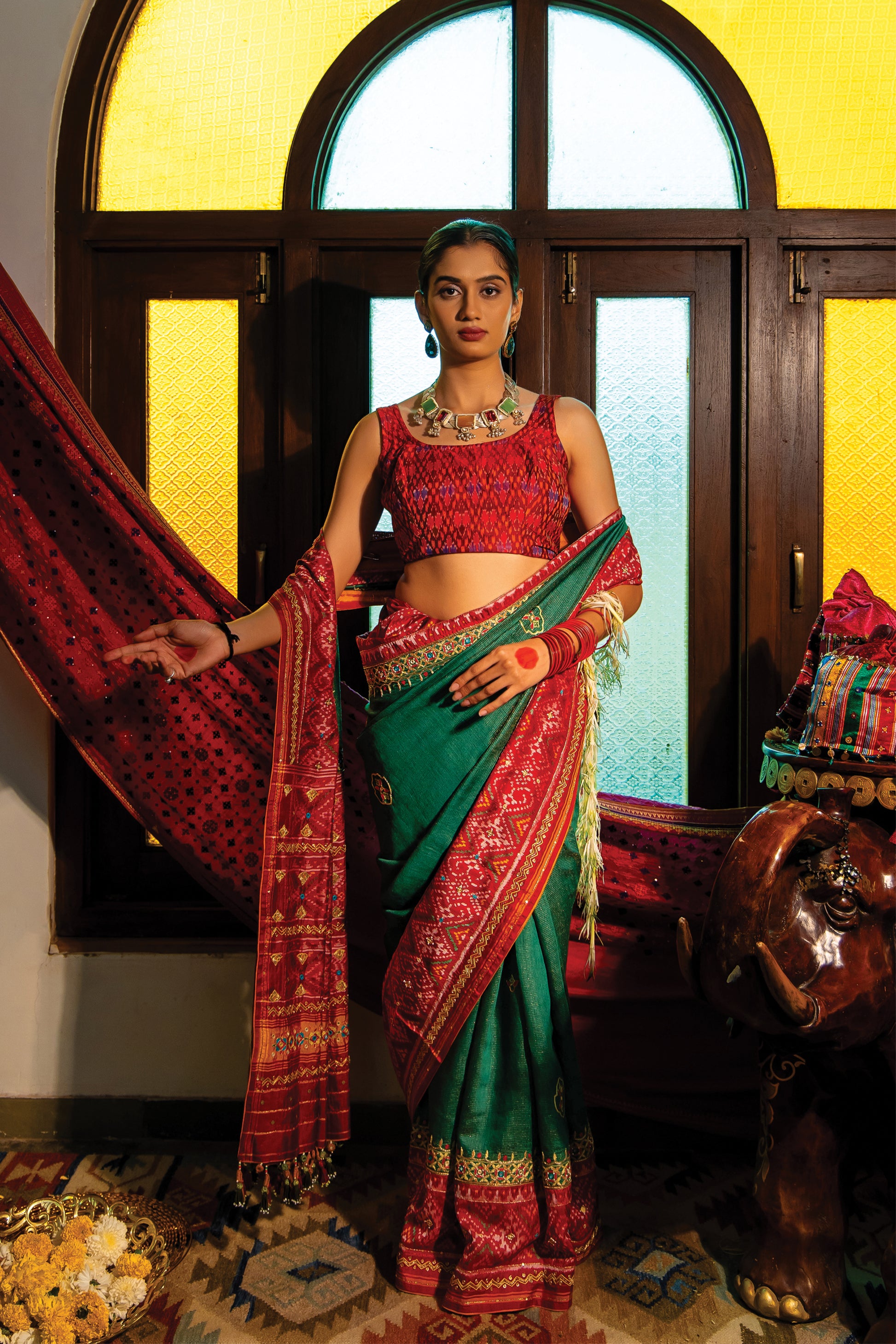 Patola Silk Saree With Cut Work and Tassels