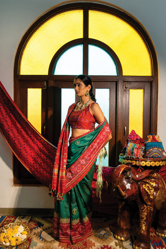 Patola Silk Saree With Cut Work and Tassels