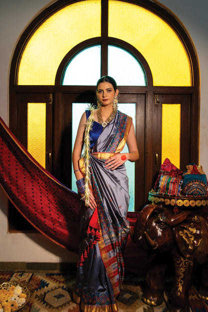 Grey Chanderi Silk Dharwadi Saree