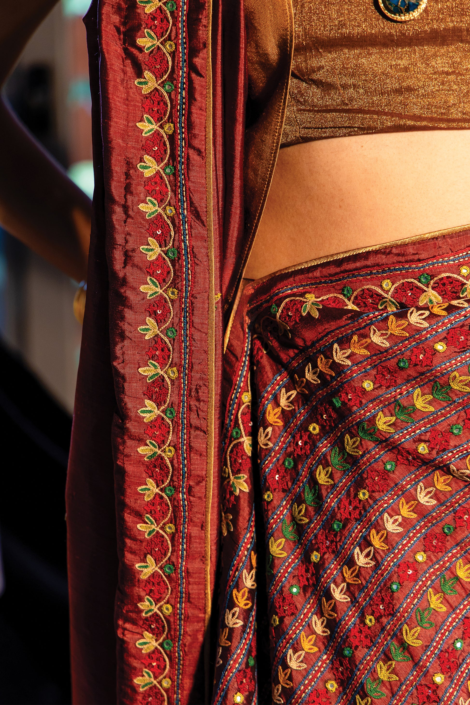 Brown Silk Saree with Rabari Work & Sadubharat