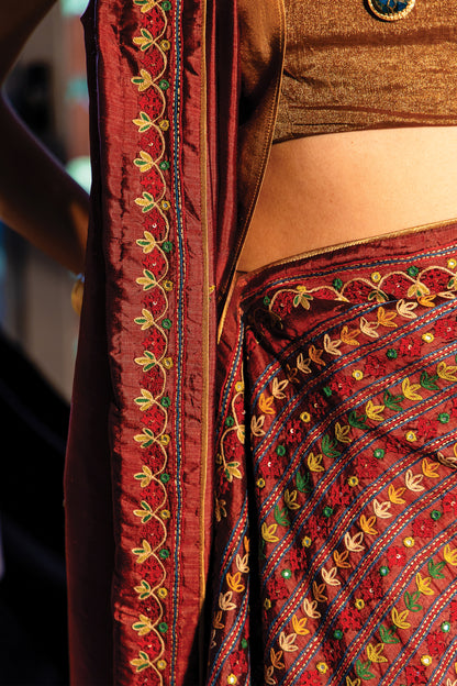Brown Silk Saree with Rabari Work & Sadubharat