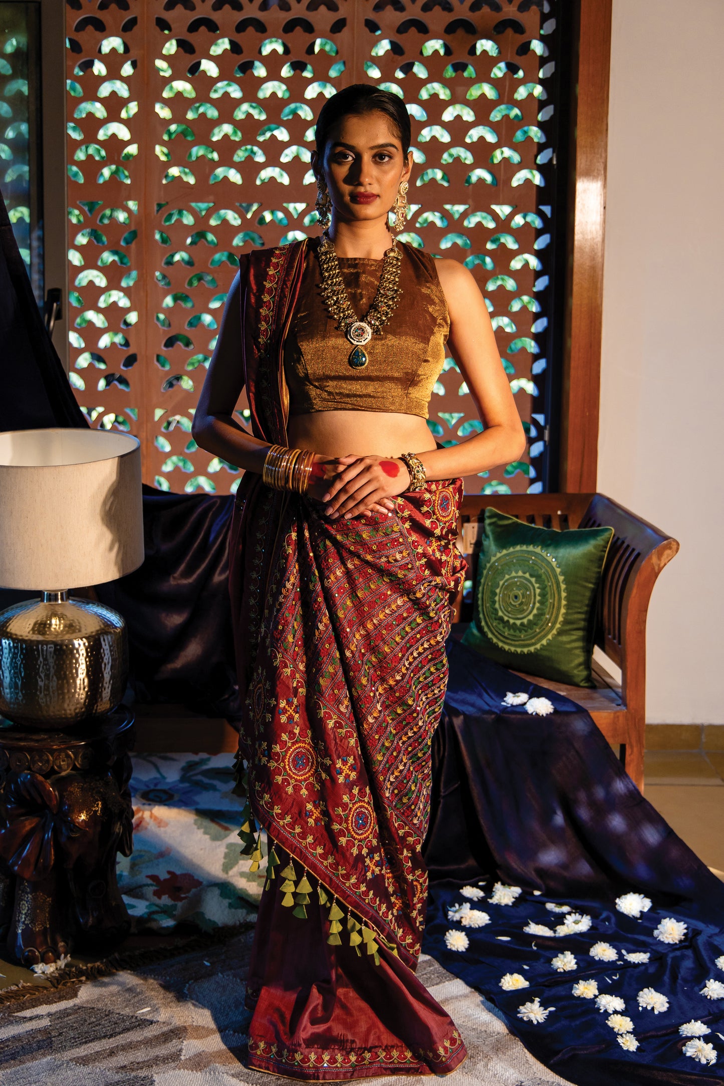 Brown Silk Saree with Rabari Work & Sadubharat