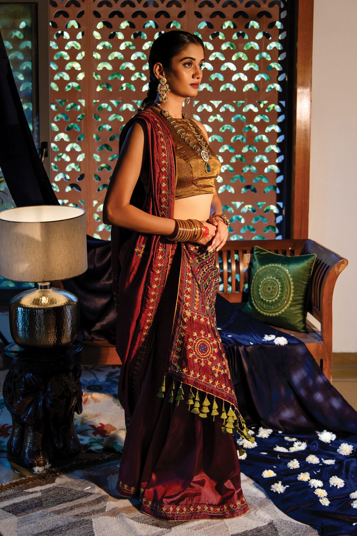 Brown Silk Saree with Rabari Work & Sadubharat