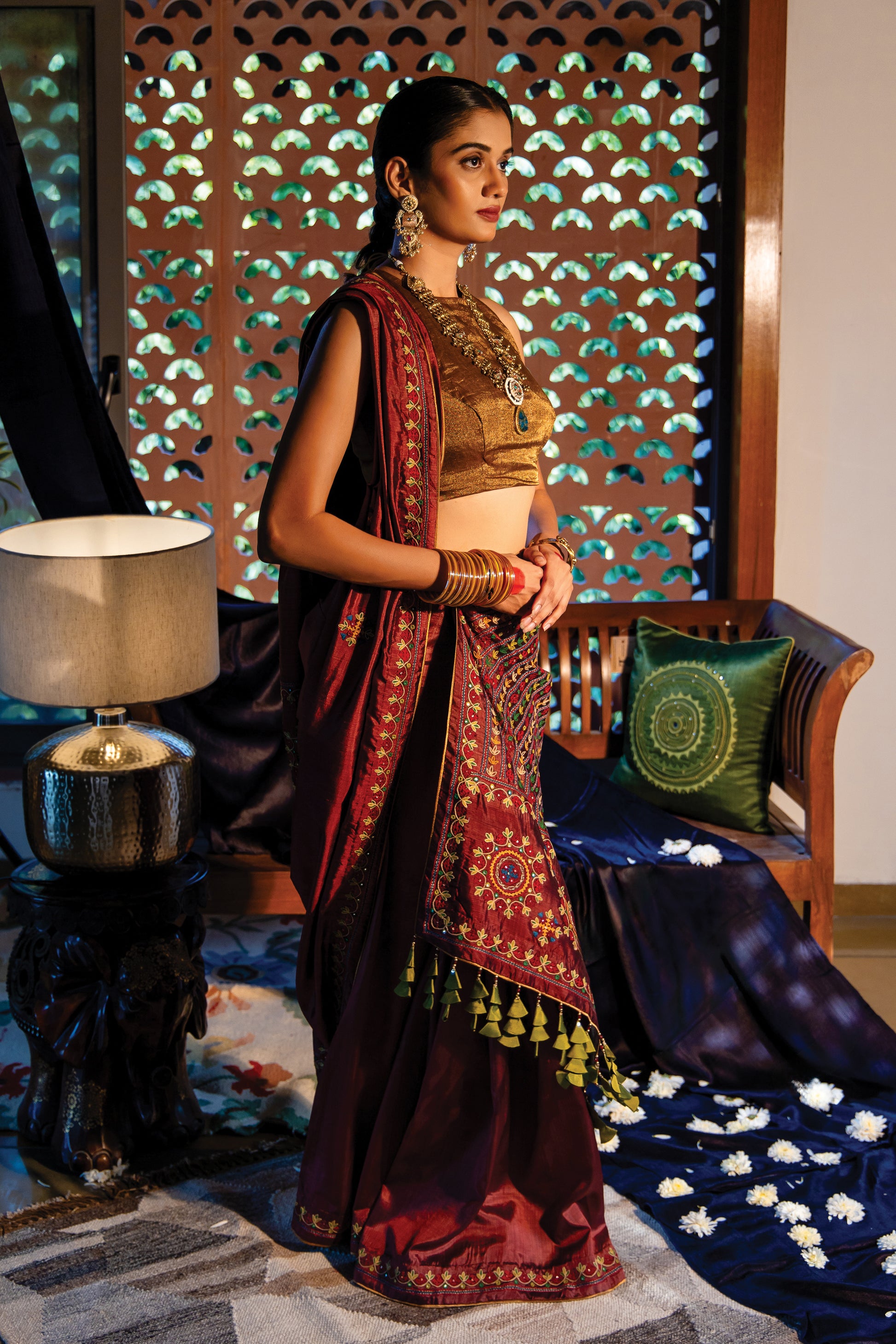 Brown Silk Saree with Rabari Work & Sadubharat