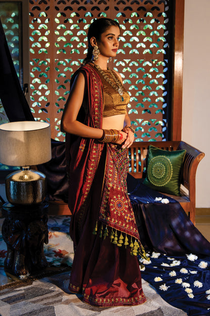 Brown Silk Saree with Rabari Work & Sadubharat