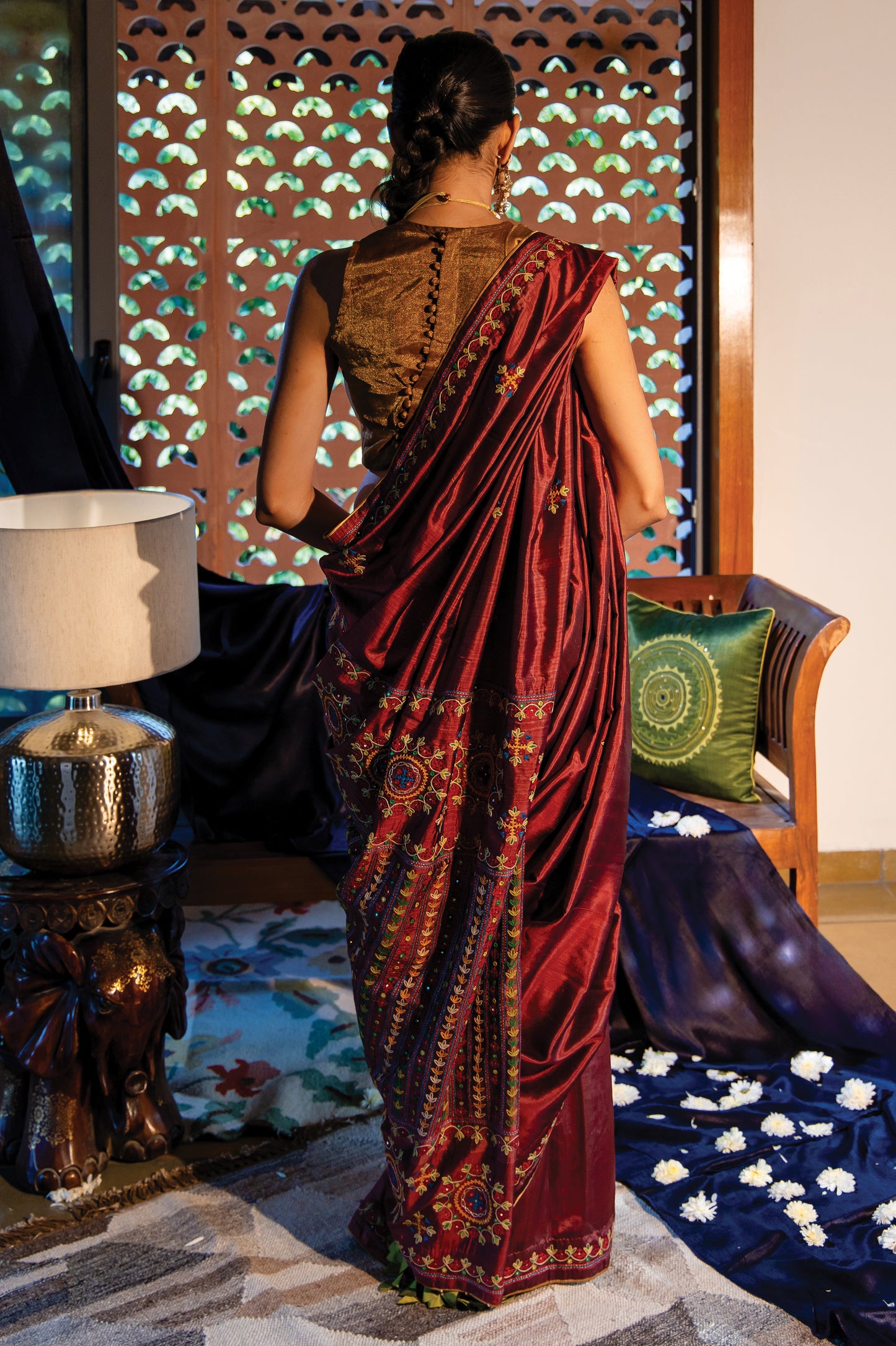 Brown Silk Saree with Rabari Work & Sadubharat
