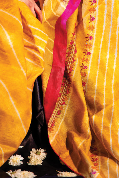 Yellow Chanderi Silk Saree with Rabari Work