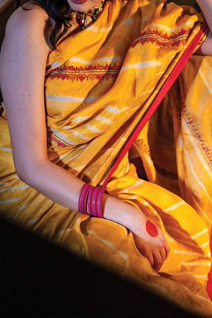 Yellow Chanderi Silk Saree with Rabari Work