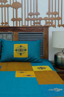 Yellow & Blue Aari & Hand Work 9 Block Cotton Bedsheet Set | Craftroots
