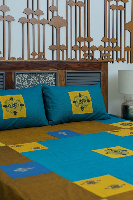 Yellow & Blue Aari & Hand Work 9 Block Cotton Bedsheet Set | Craftroots
