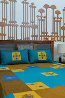 Yellow & Blue Aari & Hand Work 9 Block Cotton Bedsheet Set | Craftroots
