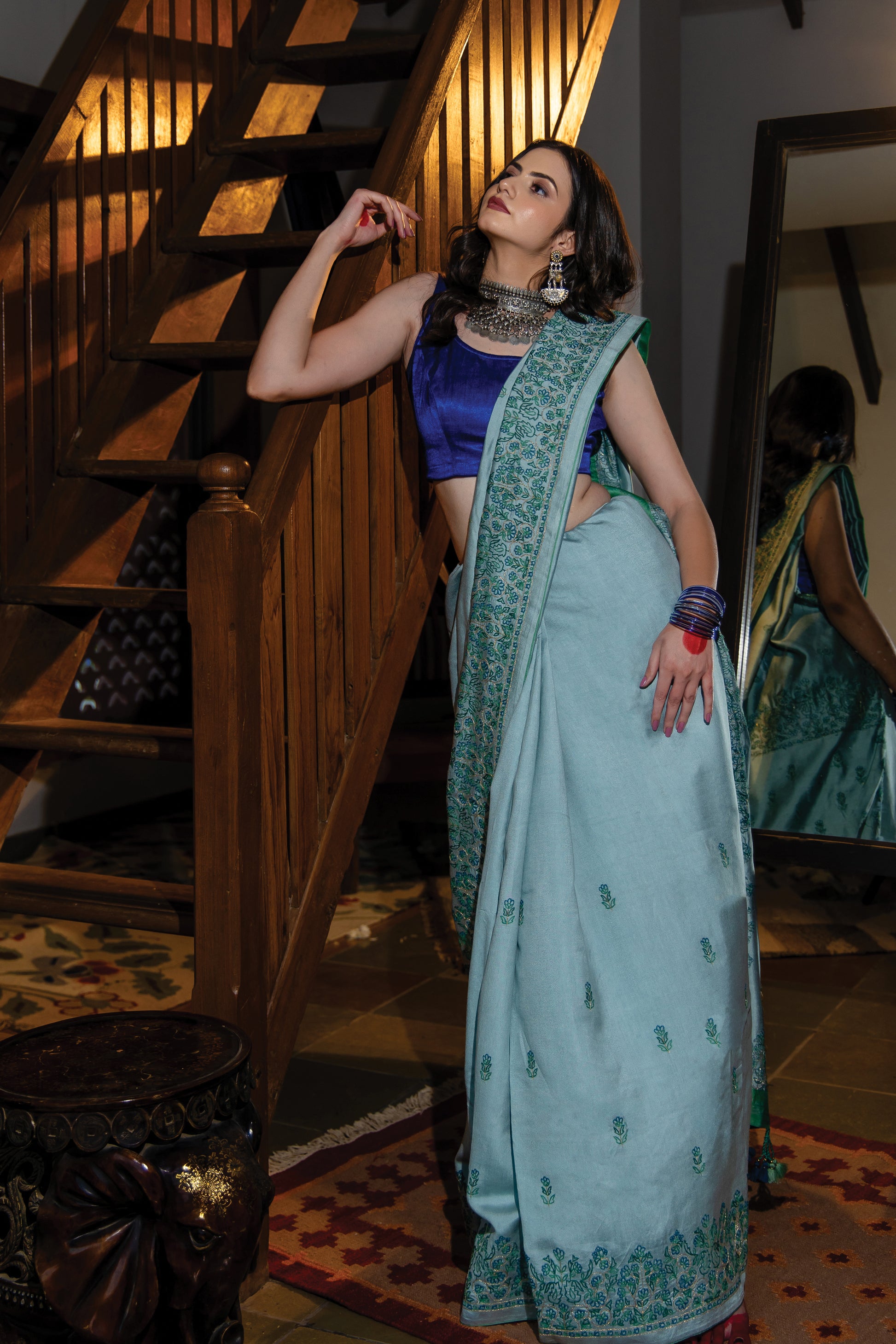 Ice Blue Satin Silk Saree with Aari Work