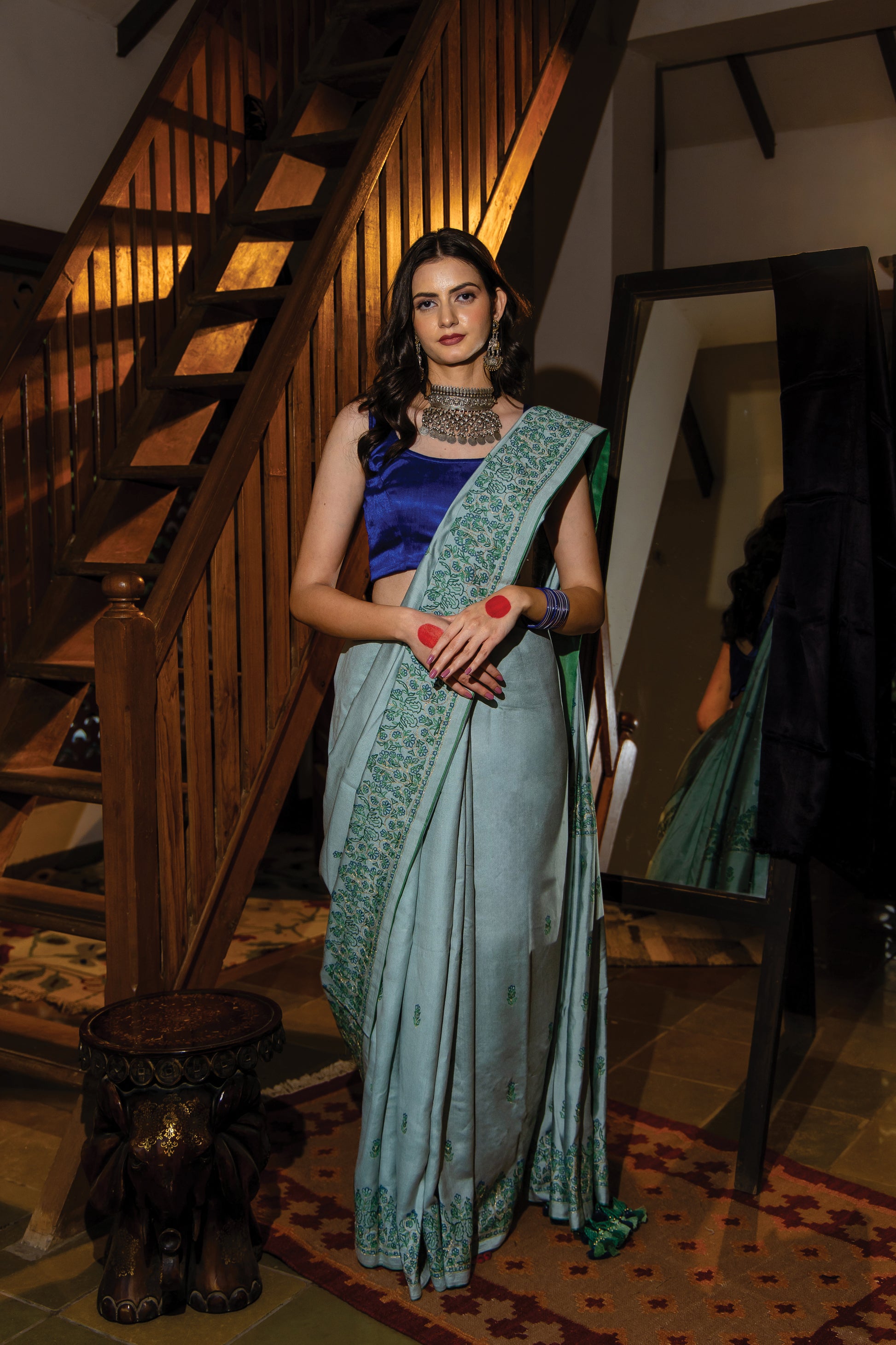 Ice Blue Satin Silk Saree with Aari Work